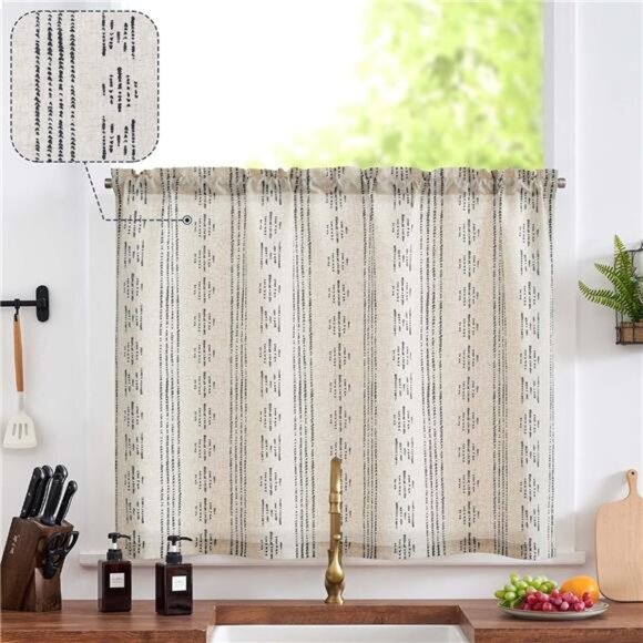 Boho Kitchen Curtain Linen Tier Curtain Bohemian Cafe 36 Inch Geometric Striped - Picture 1 of 8